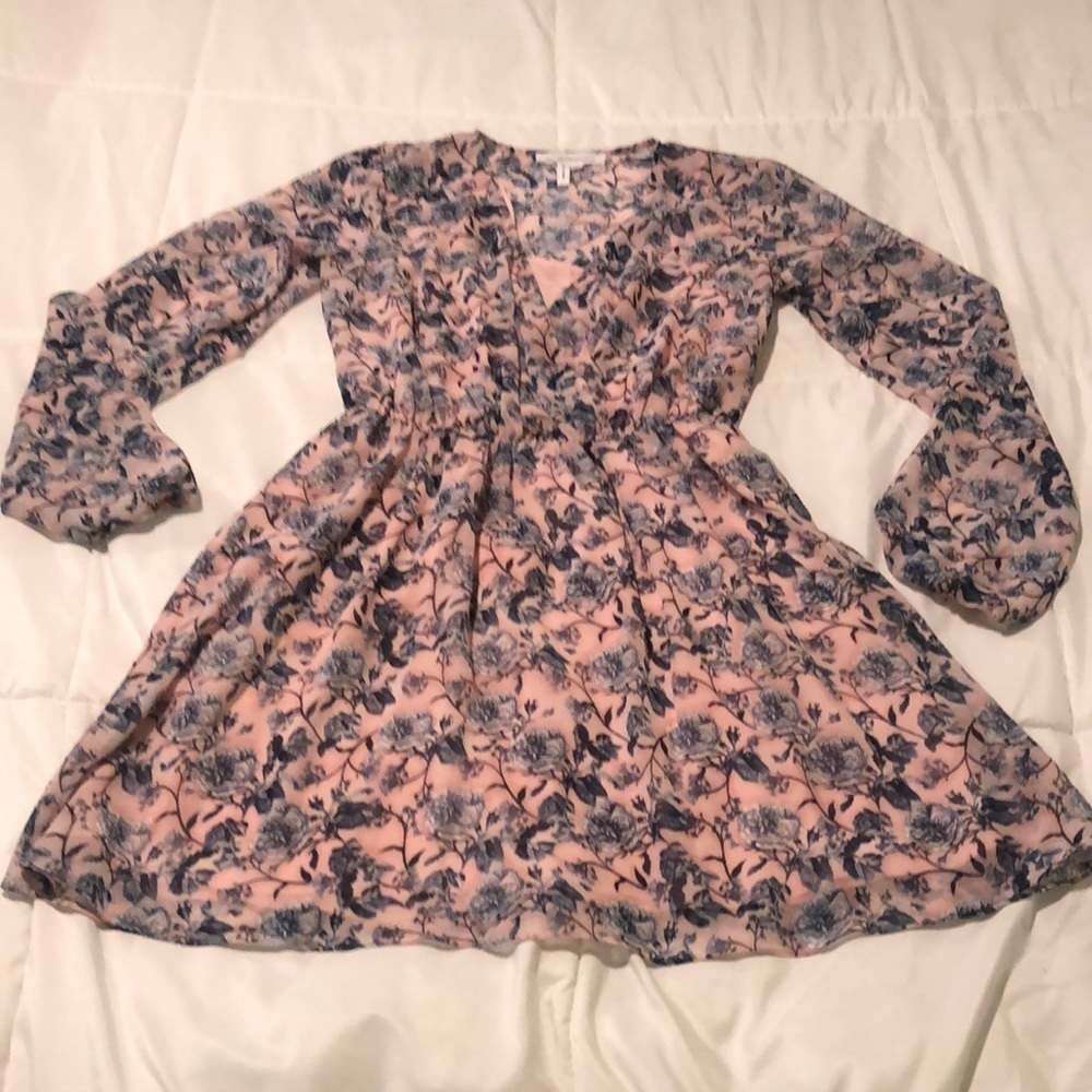 BCBGeneration sheer short dress in pink and blue with balloon like sleeves